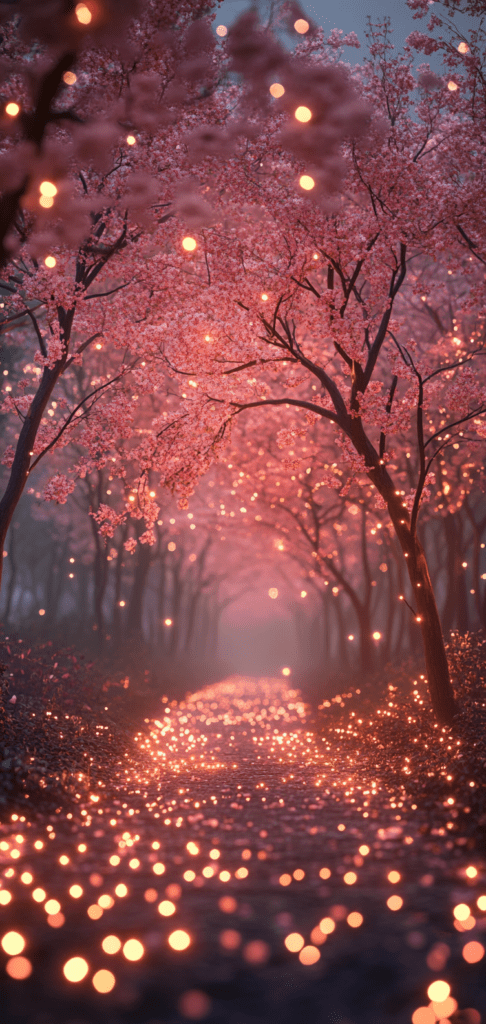 Glowing cherry blossoms over a serene pathway