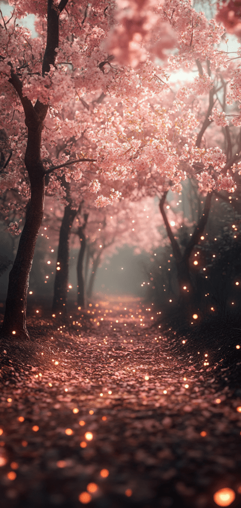 Glowing cherry blossoms over a serene pathway