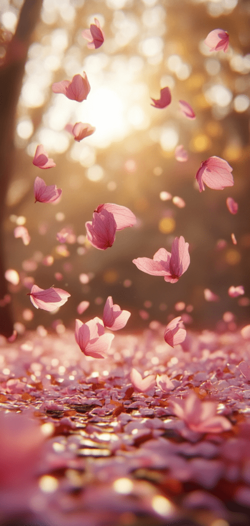 Spring wallpapers of falling cherry blossom petals in warm sunlight.