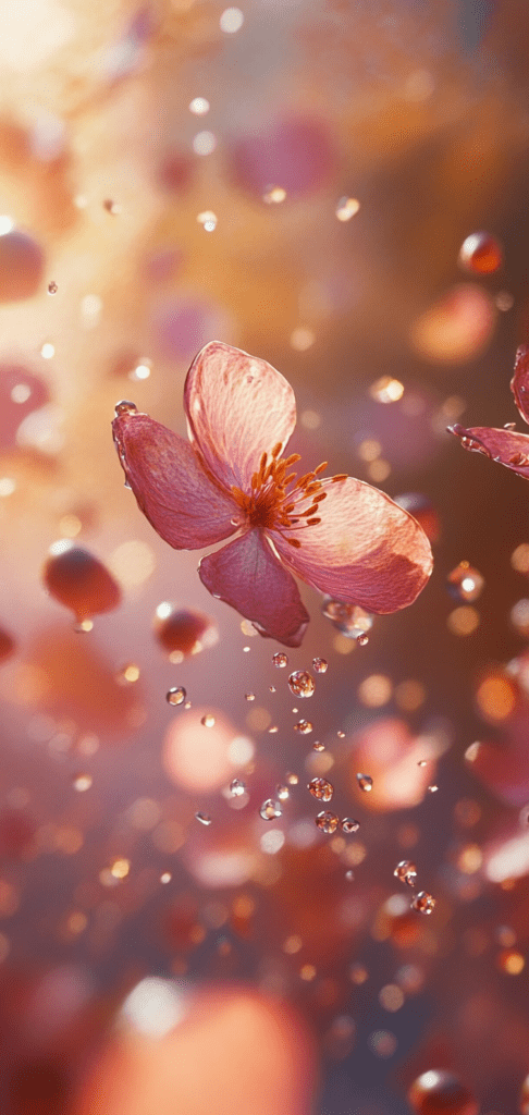 Falling cherry blossom petals in warm sunlight.