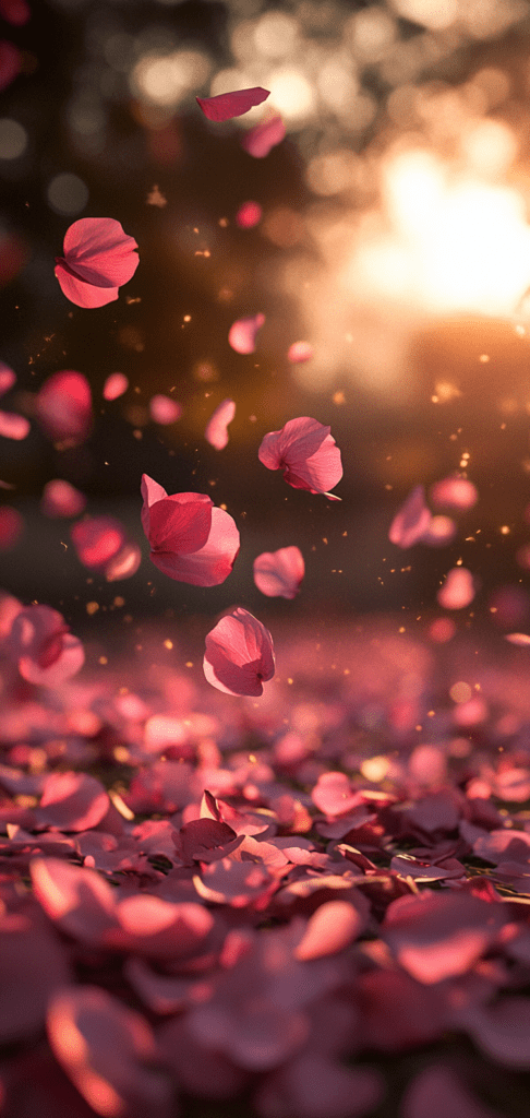 Falling cherry blossom petals in warm sunlight.