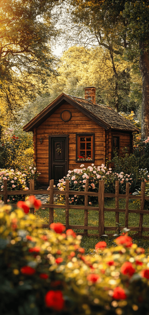 Wooden cottage with flowers and golden sunlight.