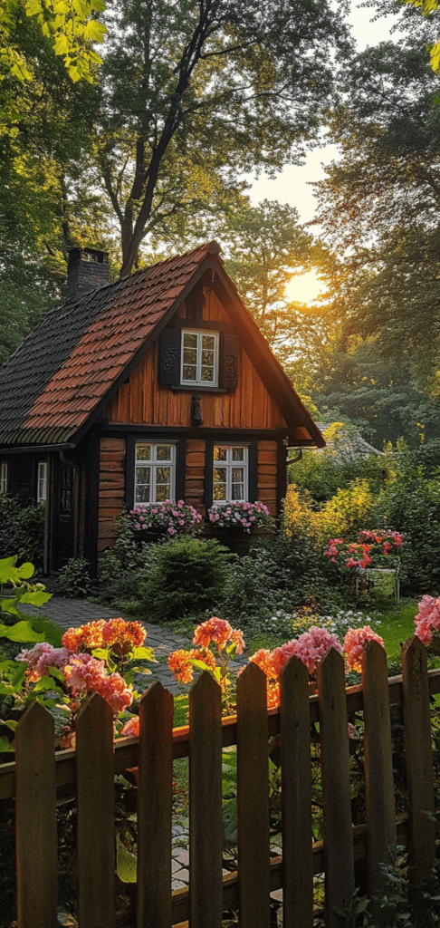 Wooden cottage with flowers and golden sunlight.