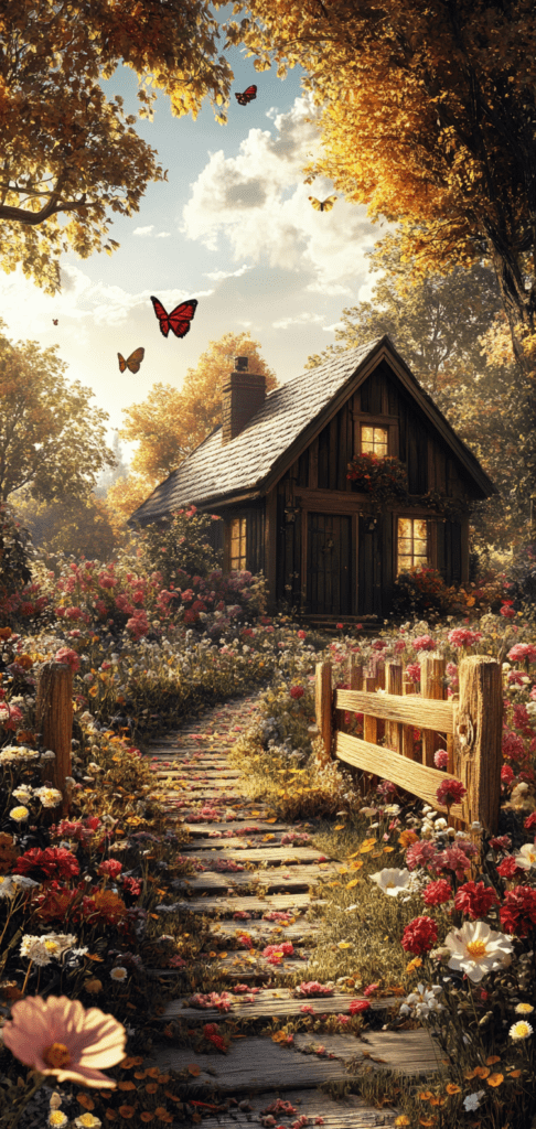 Wooden cottage with flowers and golden sunlight.