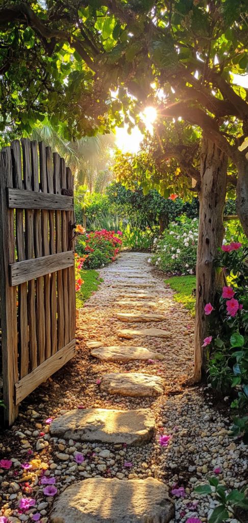 Wooden garden gate with flowers and golden light.