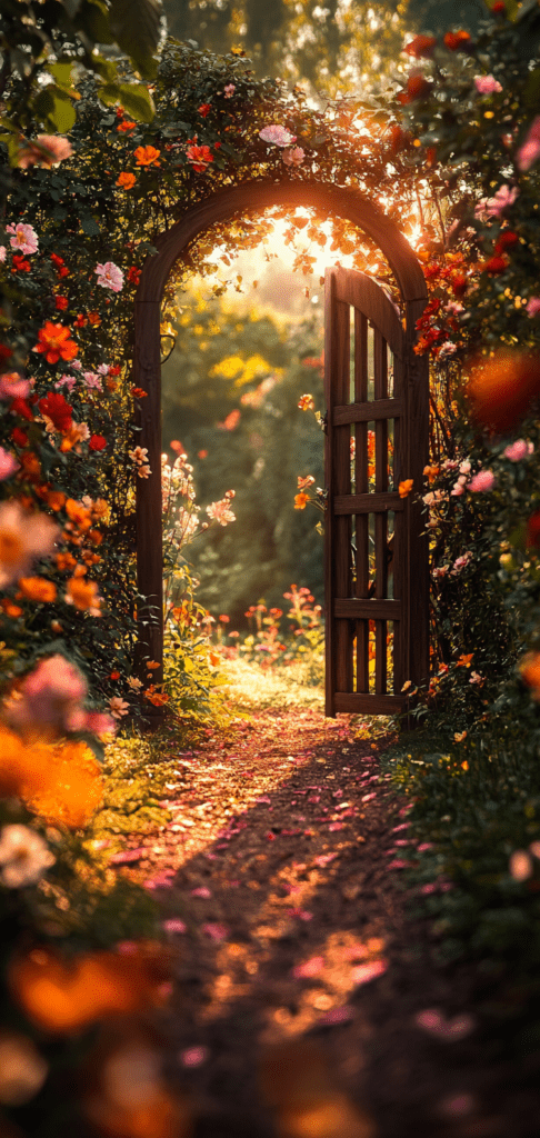 Wooden garden gate with flowers and golden light.