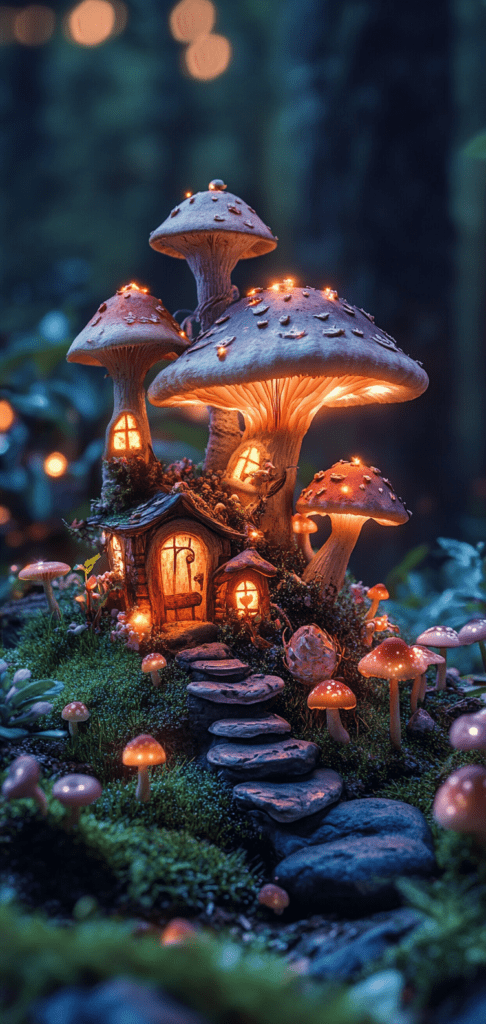 Mushroom fairy houses with glowing windows.