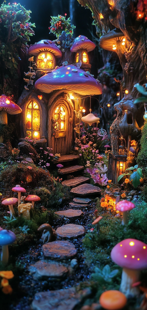 Mushroom fairy houses with glowing windows.