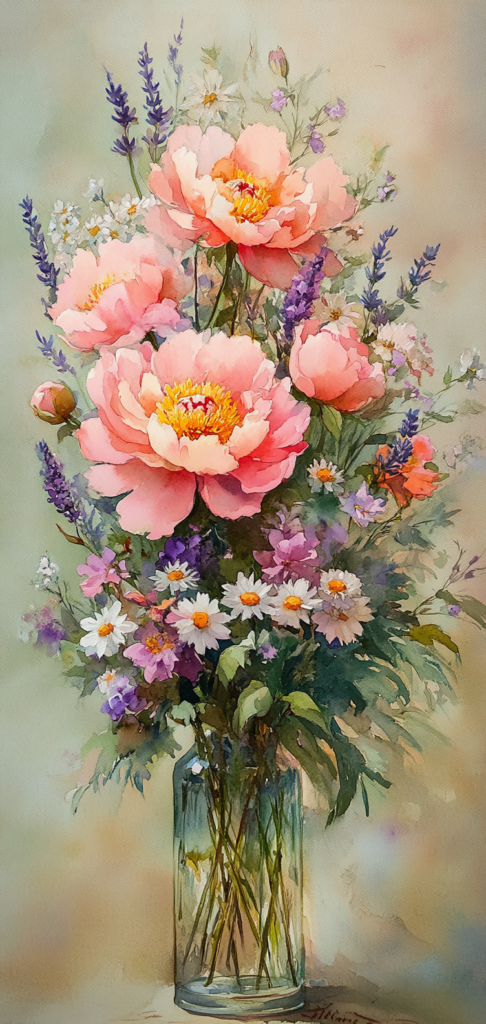 Watercolor painting of pink peonies and spring flowers