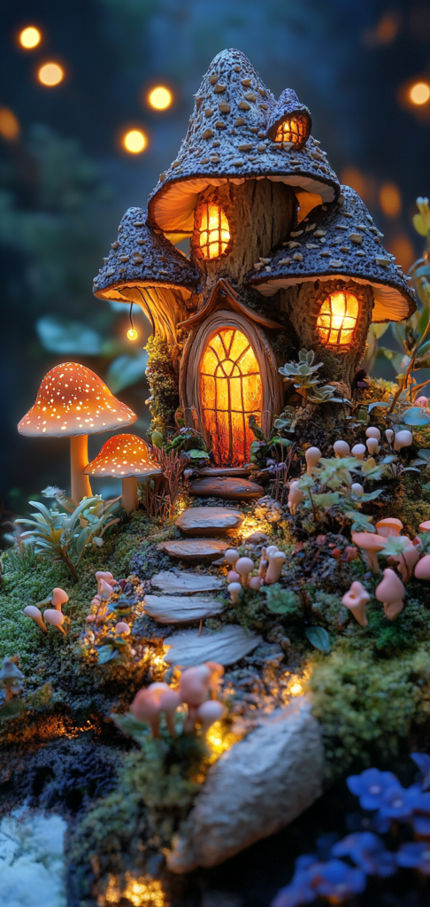 Mushroom fairy houses with glowing windows.