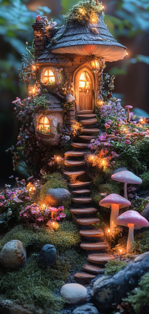 Mushroom fairy houses with glowing windows.