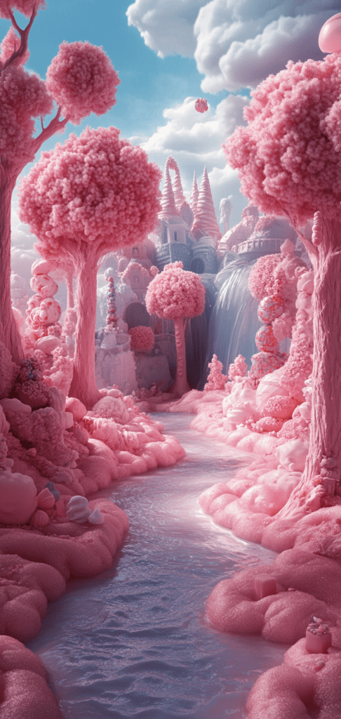 Pink trees and candy-like hills in a fantasy setting.