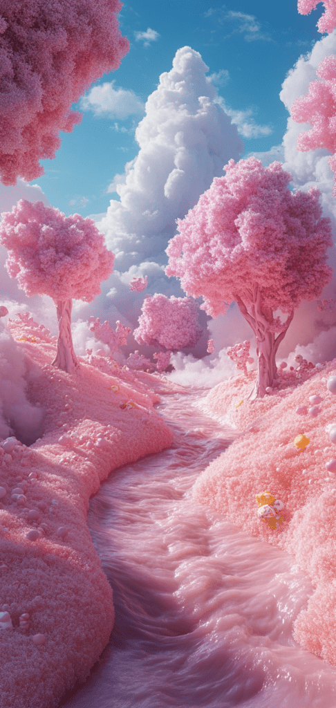 Pink trees and candy-like hills in a fantasy setting.