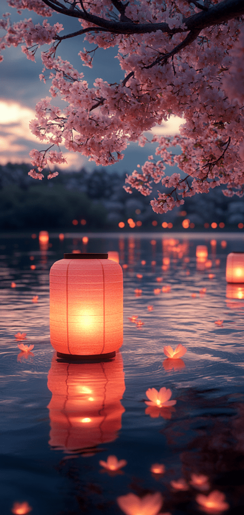 Floating pink lanterns under cherry blossoms