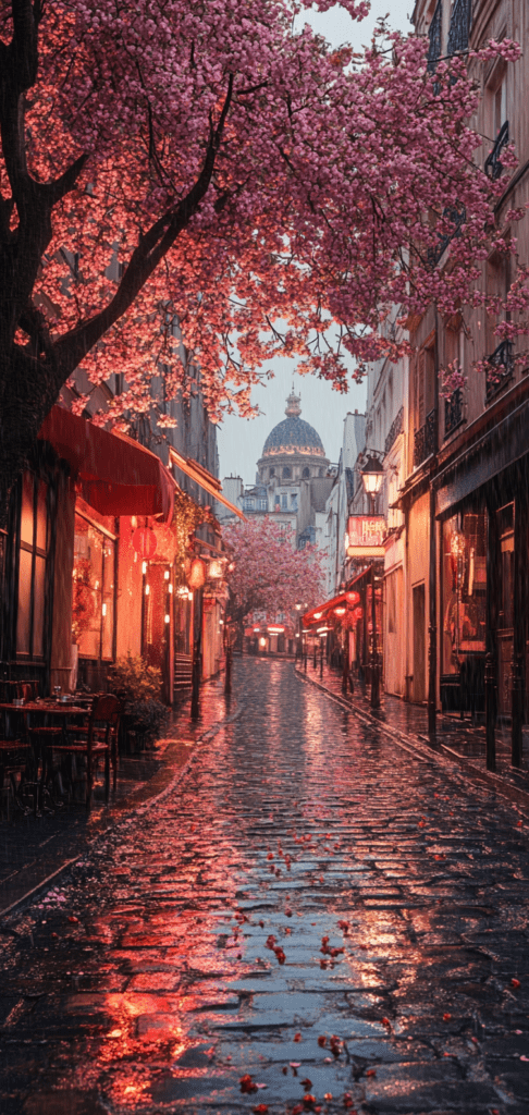 Rainy cobblestone street with cherry blossoms