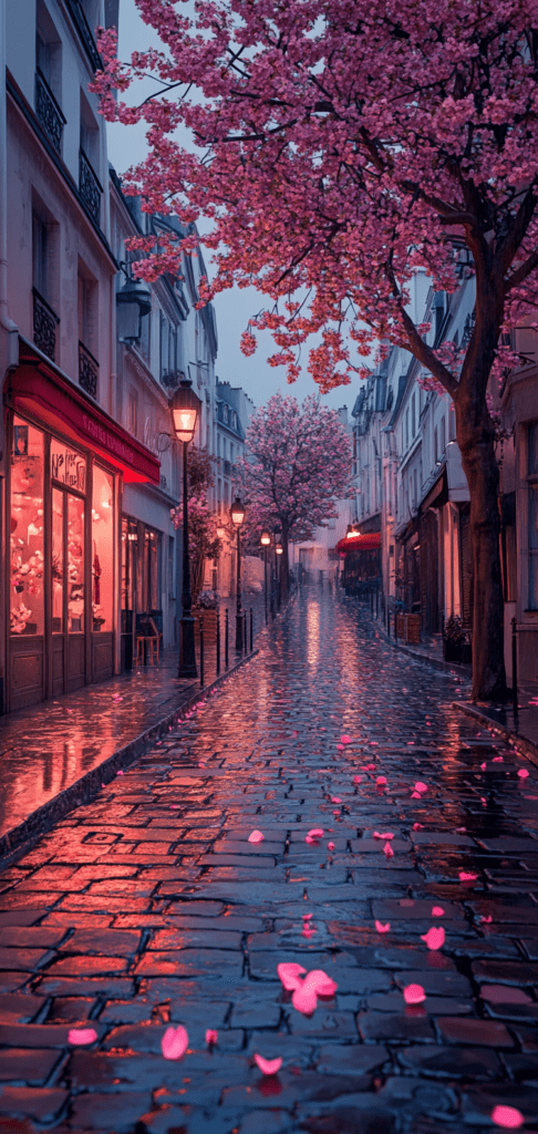 Rainy cobblestone street with cherry blossoms