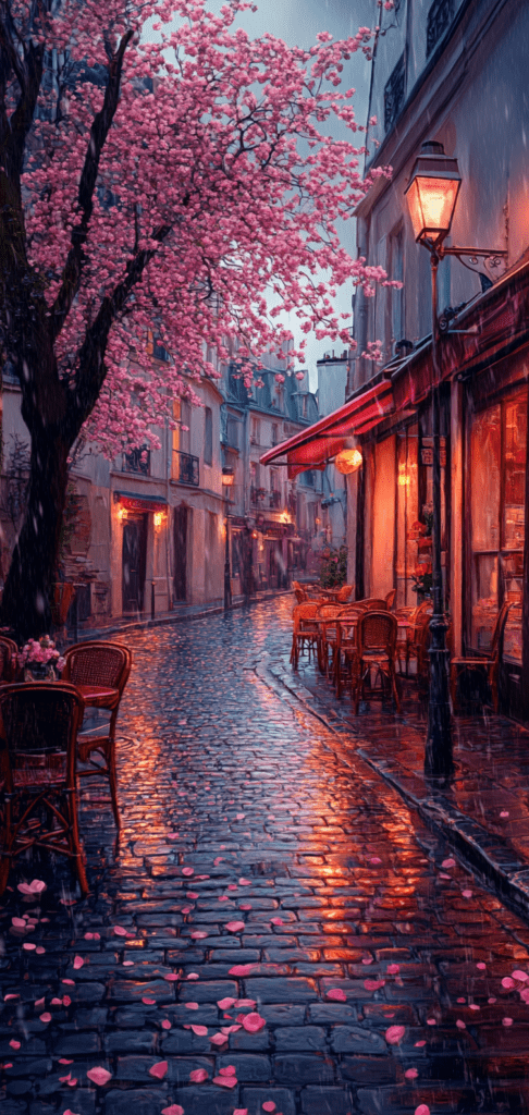 Rainy cobblestone street with cherry blossoms