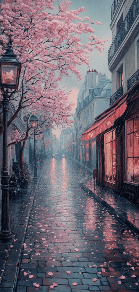 Rainy cobblestone street with cherry blossoms