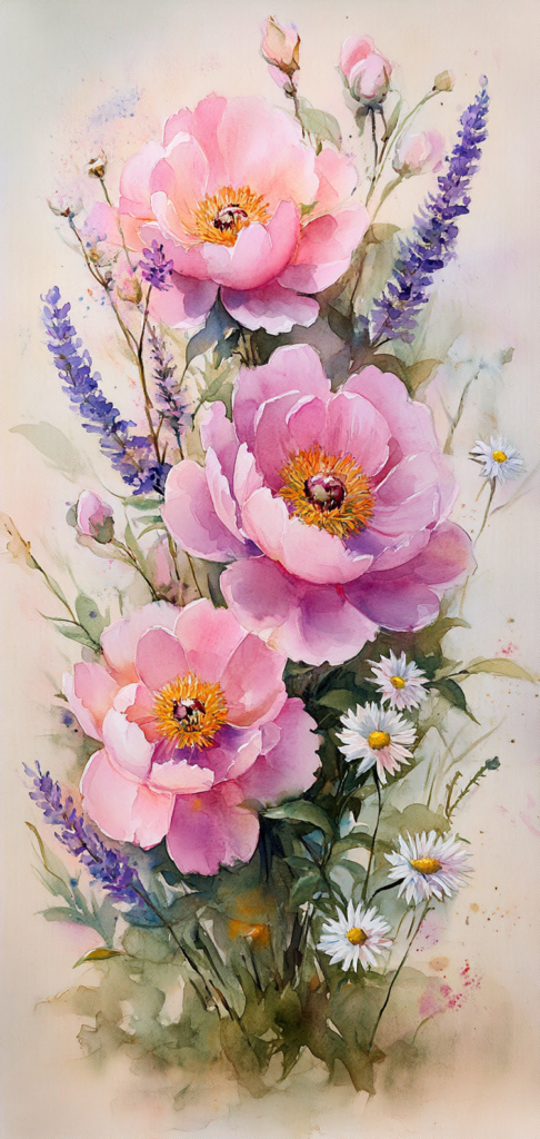 Spring wallpapers of Watercolor painting of pink peonies and spring flowers