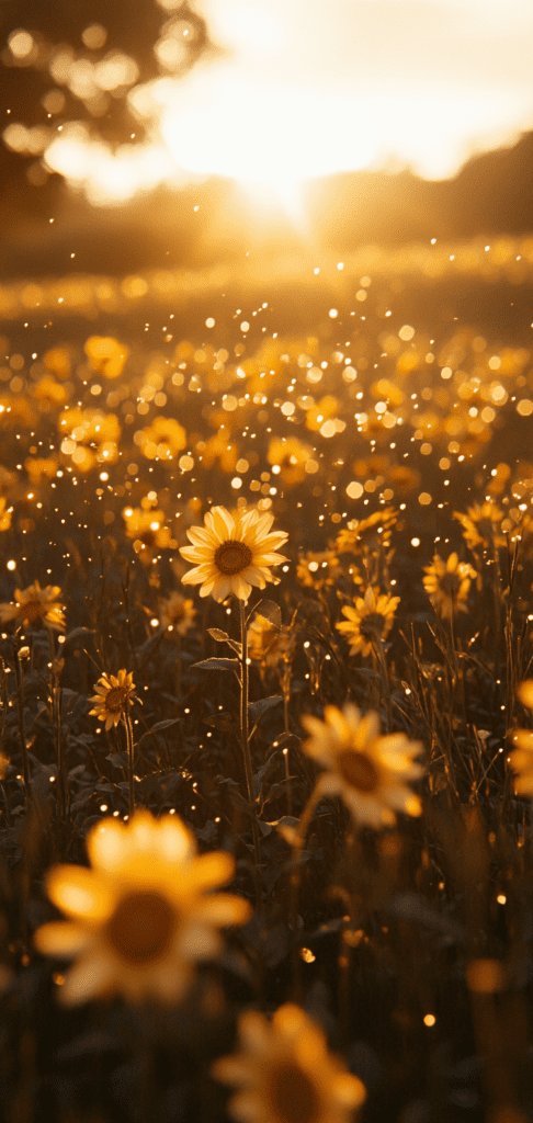 Sunflowers glowing in golden spring sunlight