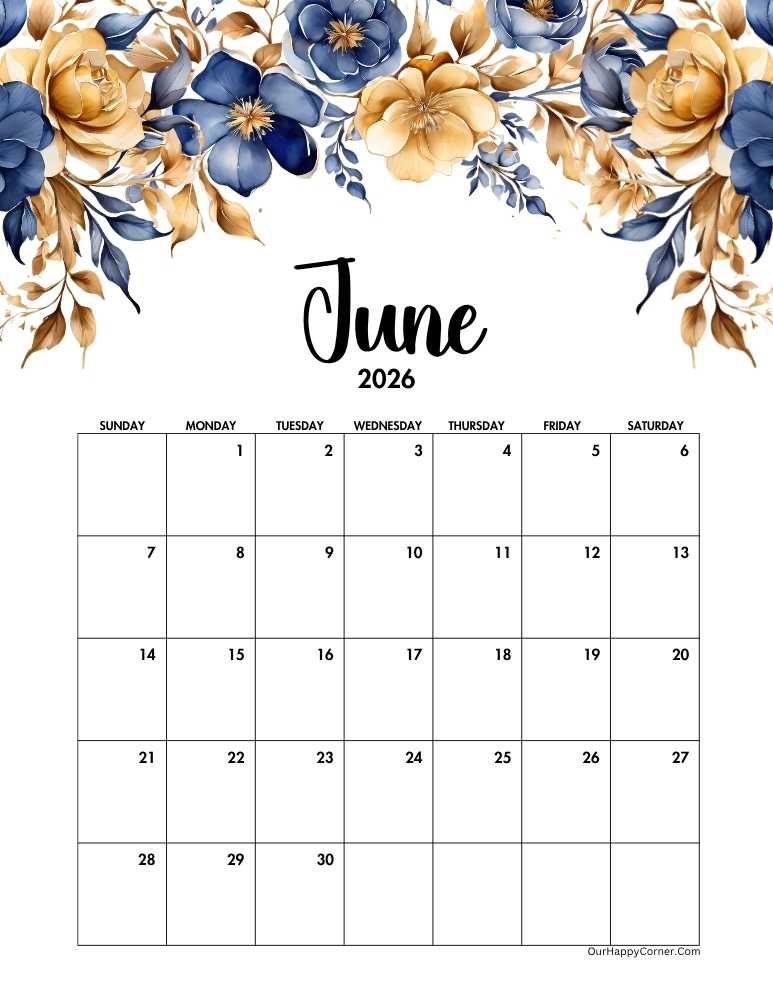 June 2026 calendar printable in blue and gold flowers