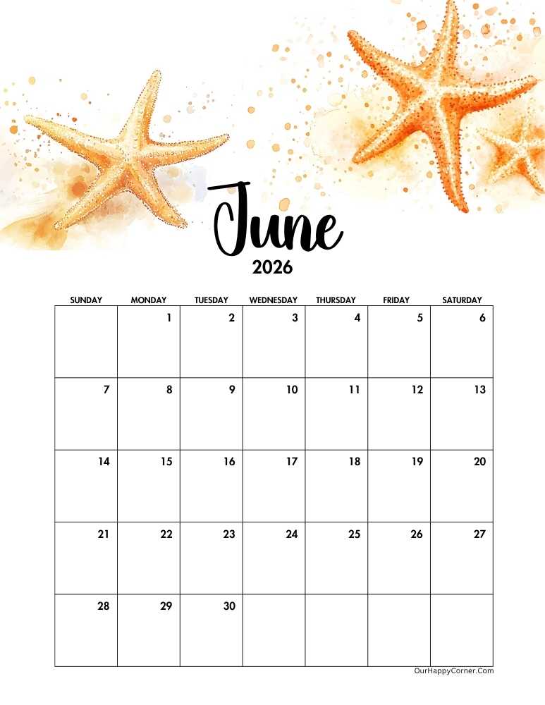 June 2026 calendar printable decorated with starfish