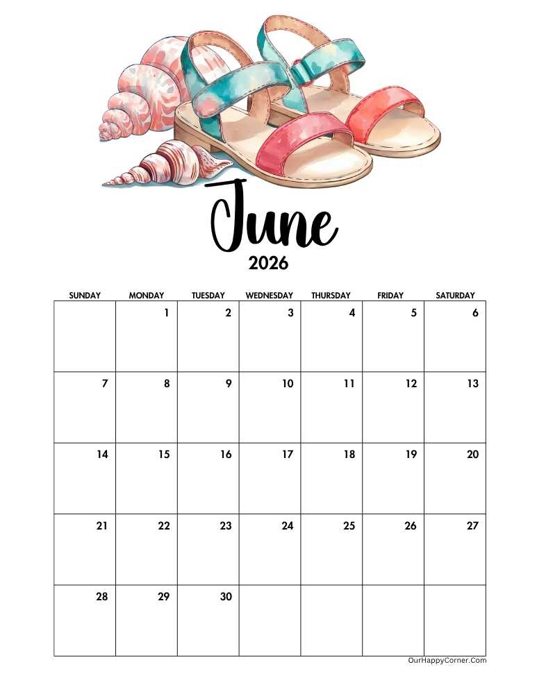 Summer sandals and seashells decorated calendar