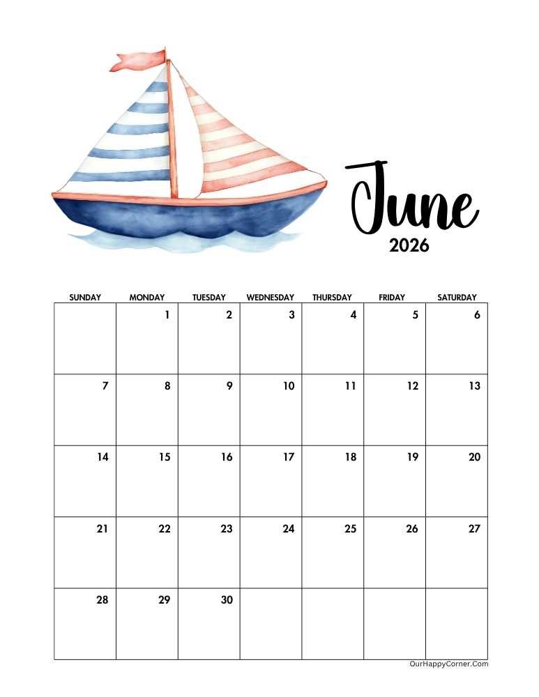 Sailboat decorated June calendar