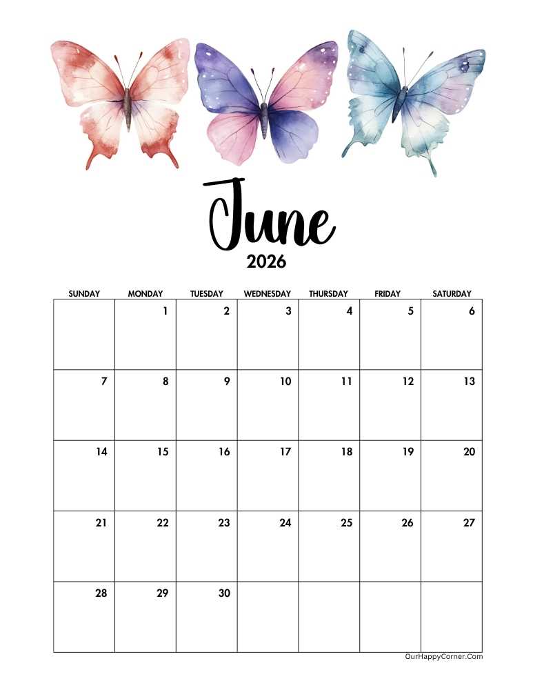 Butterflies decorated June 2026 calendar printable 