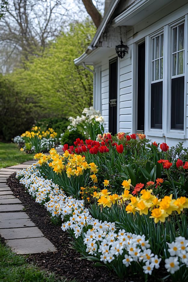 Flower bed ideas of colorful tulips and daffodils in a narrow front flower bed