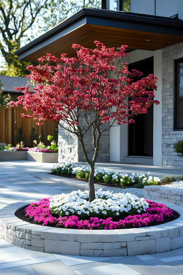 Flower bed ideas of Circular flower bed with red maple and colorful blooms