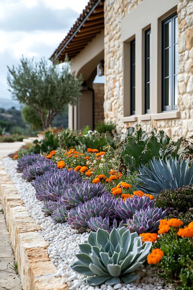 Front yard flower bed with succulents and orange flowers