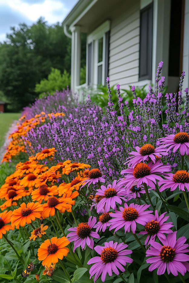 Coneflowers and lavender attracting bees in a front garden