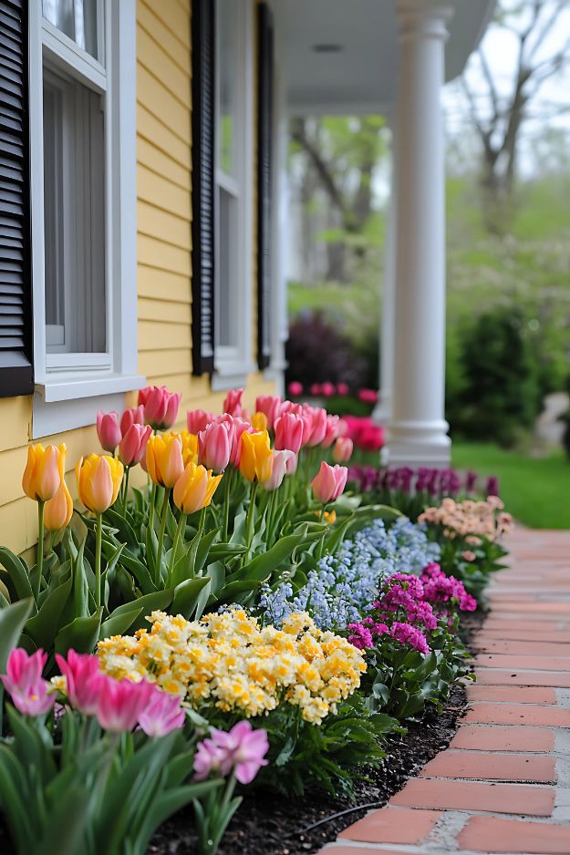 Colorful seasonal flowers in front of yellow house