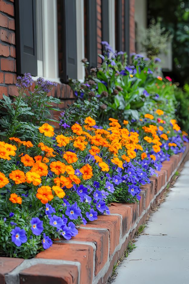 Orange and blue flowers with brick edging near sidewalk
