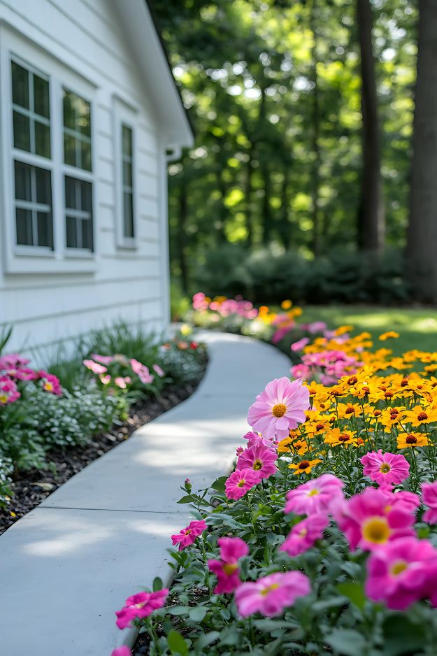 Pink and yellow flowers lining a curved walkway