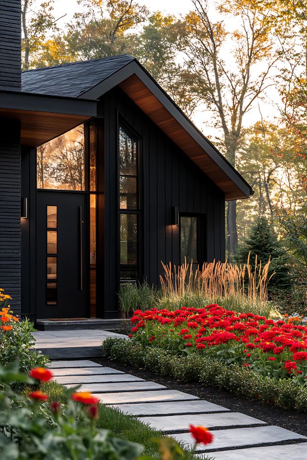 Red flowers with tall ornamental grasses by a modern house
