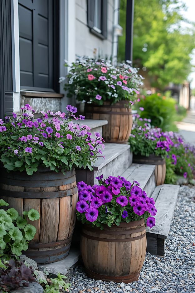 Purple petunias in wooden barrels on porch steps