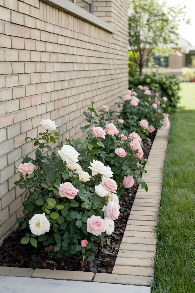 Flower bed ideas of Light pink and white miniature roses along a brick wall