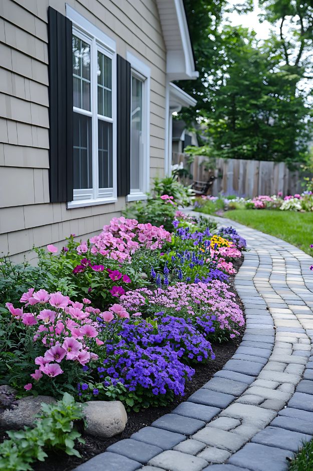 Pink, purple, and blue flowers lining a curved front walkway