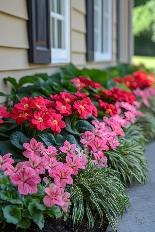 Pink flowers with green foliage in a layered front yard bed