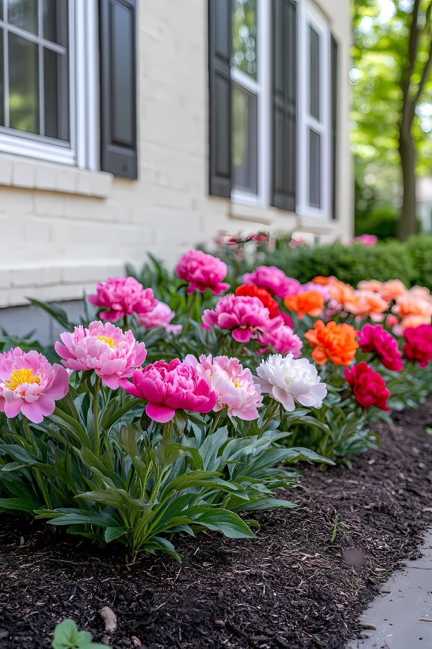Colorful peonies blooming in front of a white house