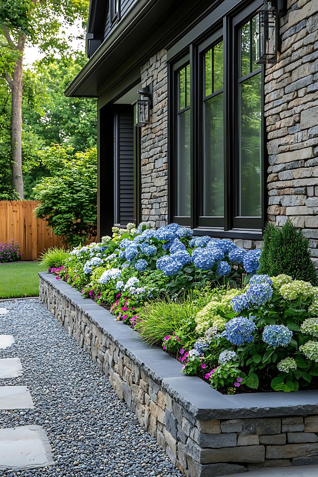 Flower bed ideas of Raised front yard bed with blue hydrangeas and stone edging