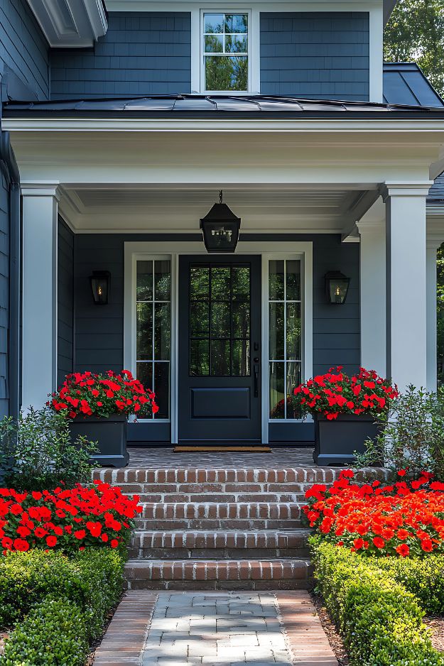 Red flowers flanking a front porch entrance