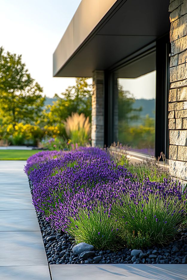 Flower bed ideas of Purple lavender flower bed against a modern home