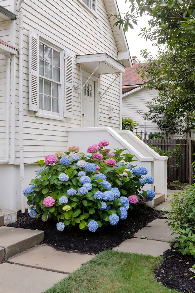 Pink and blue hydrangeas beside white house steps
