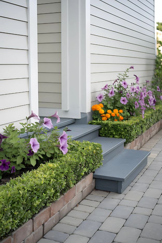 Boxwood hedge with petunias and marigolds along front steps
