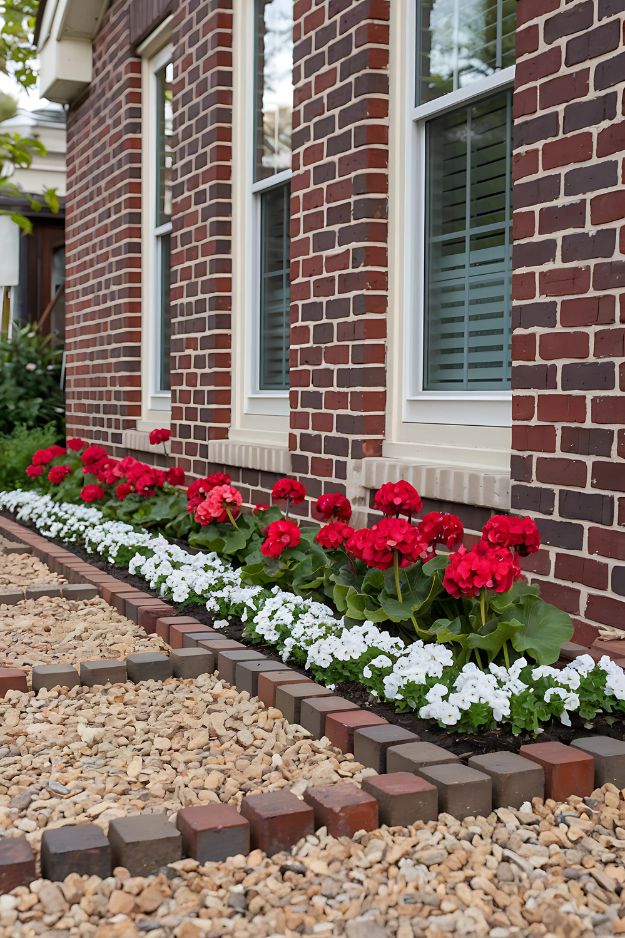 Flower bed ideas of Red and white flowers in front of a brick home windo
