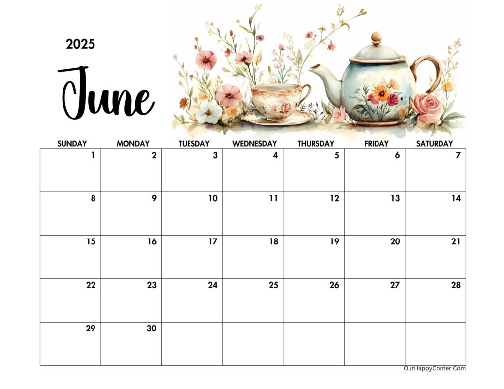 Teapot and cup decorated June 2025 calendar