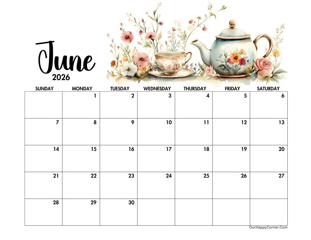 Teapot and cup decorated June 2026 calendar